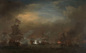 Setkání během bitvy o Kijkduin Námořní bitva mezi Cornelis Tromp na Gouden Leeuw a sirem Edwardem Spraggem na královském princi během bitvy u Kijkduinu (bitva u Texelu), 21. srpna 1673: epizoda z třetí anglo-nizozemské války