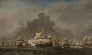 Námořní bitva mezi Michielem Adriaenszem de Ruyter a vévodou z Yorku na Royal Prince během bitvy u Solebay, 7. června 1672: epizoda z třetí anglo-nizozemské války