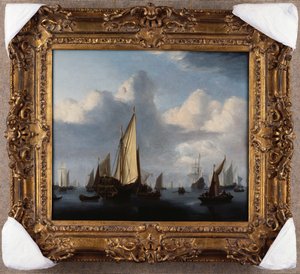 Přímořská krajina s jachtou států a další lodní doprava v klidu, 1654 od Willem van de Velde
