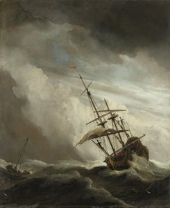 Loď na volném moři zachycená bouří, známou jako poryv, 1680