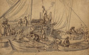 Figurky na palubě malých obchodních plavidel, cca 1650-5 (pero, hnědý inkoust a lavírovaná kresba) od Willem van de Velde