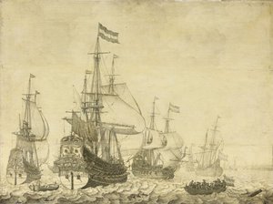 Přímořská krajina s holandskými válečnými muži včetně Drenthe a prince Fredericka-Henryho, kolem roku 1670 (malba na panelu) od Willem van de Velde