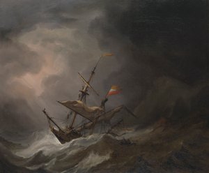 Středomořská brigantina plující za bouře na skalnaté pobřeží, asi 1700 (olej na plátně)