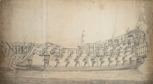 Portrét lodi "Grafton", třetí třídy, postavené v roce 1679 a přestavěné v roce 1700, asi 1680 (grafit, šedá barva)