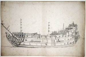 Portrét lodi "Triumph" (nebo "Saint George"), 70 děl, postavené v roce 1623, s hlavní postavou představující Neptuna a dvěma mořskými koníky, se třemi kompletními palubami.