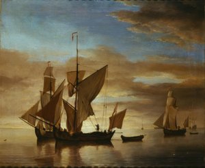 Lodě na klidném moři ve večerním světle od Willem van de Velde the Younger