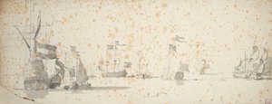 Státní jachta a holandské lodě na kotvách, asi 1664 (grafit, šedá barva) od Willem van de the Elder Velde