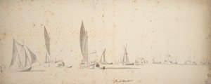 Tažná loď, vijdschips a waterschips v lehkém vánku, asi 1664 (grafit, šedý wash) od Willem van de the Elder Velde