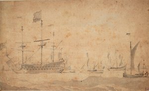 Anglická vlajková loď na kotvě, pravděpodobně červen 1673, asi 1673 (šedá barva) od Willem van de the Elder Velde