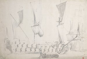 Anglická čtvrtá třída v lehkém vzduchu, asi 1681 (grafit, šedá barva) od Willem van de the Elder Velde