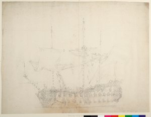 Anglická loď třetí třídy s 60 děly při pohledu z uzavřeného boku na levoboku, cca 1673 (ofset) od Willem van de the Elder Velde