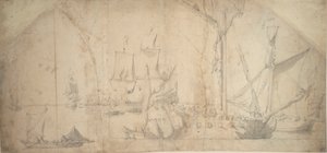 Anglická jachta na kotvě, která svinuje plachtu od Willem van de the Elder Velde