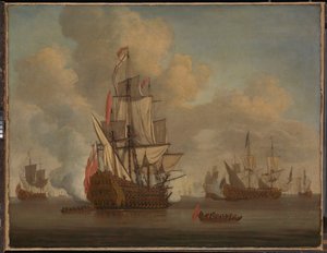 Klid: anglický dvoupodlažník s uvolněnými plachtami střílí salvu od Willem van de the Elder Velde