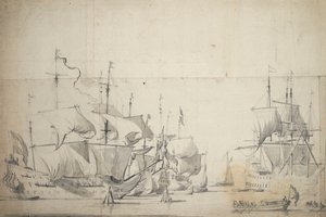 Holandské bojové lodě sušící plachty, asi 1658 (grafit, šedá barva) od Willem van de the Elder Velde