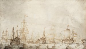 Nizozemská plavidla lovící sledě obecného v Severním moři. Kresba tuší a lavírováním (27,4 × 47,6 cm), William van de Velde starší (asi 1611-1693), kolem roku 1650. od Willem van de the Elder Velde