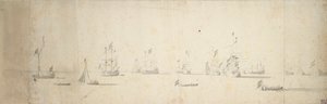 Nizozemské lodě kotvící u pevniny, asi 1664 (grafit, šedá barva) od Willem van de the Elder Velde