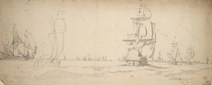 Nizozemské lodě se blíží k hlavní flotile, May 1672, asi 1672 (grafit, šedá barva) od Willem van de the Elder Velde