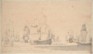 Anglické lodě, keč a galliot v mírném větru, červen 1673, asi 1673 (tužka, wash, pero, hnědá tuš) od Willem van de the Elder Velde