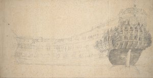 Portrét francouzského dvoupatrového vozu. Postaveno v Holandsku 1666-67, asi 1667 (grafit) od Willem van de the Elder Velde