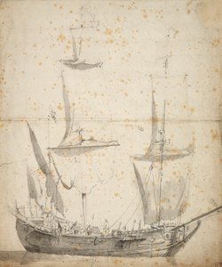 Portrét malé holandské obchodní lodi, asi 1665 (grafit, šedá barva) od Willem van de the Elder Velde
