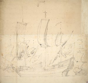 Portrét "George" Požární loď zakoupena 1672, 6 děl, potopena kvůli založení 1674, cca 1673 (ofset, černá křída) od Willem van de the Elder Velde
