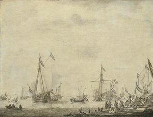 Královská jachta a státní jachta vyplouvají z Moerdijku s Karlem II. od Willem van de the Elder Velde