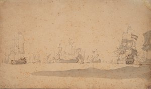 Ležící nizozemská flotila, pravděpodobně květen 1672, asi 1672 (grafit, šedá barva) od Willem van de the Elder Velde