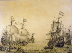 Nizozemská loď "Oosterwijk" opouštějící břeh je popsána ze dvou úhlů. Grisaille na dřevě od Willem van de the Elder Velde