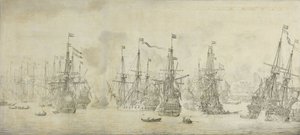 Neúspěšný útok Angličanů na loďstvo v přístavu Bergen od Willem van de the Elder Velde