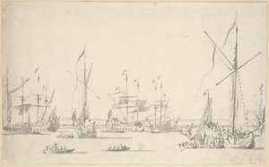 Jachty a lodě kotvící poblíž Sheernessu, asi 1677 (grafit, šedý wash) od Willem van de the Elder Velde