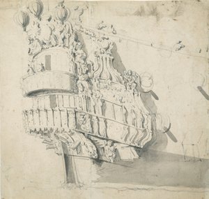 Záď lodi Hampton Court, asi 1685 (grafit, šedá barva) od Willem van de the Elder Velde