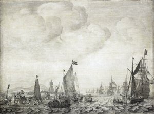 Obchodní lodě do Orientu a jejich doprovod opouštějí Vlie (nebo Vliestroom), námořní trasu mezi ostrovy Vlieland a Treschelling (Holandsko), 9. června 1645. od Willem van de the Elder Velde