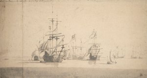 Tromp v "Oosterwijku" salutuje, asi 1664 (grafit, šedá barva) od Willem van de the Elder Velde