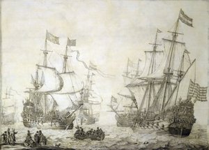 Dvě obchodní lodě Nizozemské východoindické společnosti opouštějí břeh za klidného větru. Grisaille na dřevě od Willem van de the Elder Velde