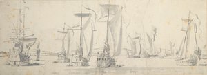 Návštěva Karla II. na lodi "Tiger" ve Woolwichi: Jachty v zákrutu řeky od Willem van de the Elder Velde