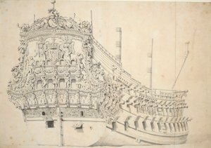 Portrét francouzského dvoupatrového vozu. Postaveno v Holandsku 1666-1667, asi 1667 (grafit, šedá barva)