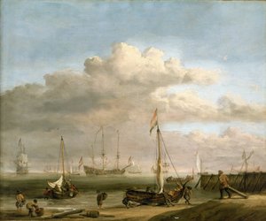 Nizozemské pobřeží do Marsdiepu a Den Helderu s rybářskými loděmi. Olej na plátně, kolem roku 1690, autor Willem van de Velde (1633-1707).