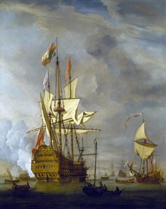 Loď HMS "Royal Sovereign" střílí z děla na uvítanou v přístavu, doprovázená královskou jachtou, za klidného počasí. Olej na plátně