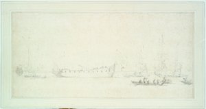 Spuštění anglické lodi, pravděpodobně "James Galley", asi 1676 (grafit a wash, šedá)
