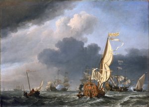 Jachta v silném větru, která se snaží připojit ke skupině holandských lodí, pravděpodobně sestava holandské flotily u Texelu (Holandsko) v roce 1672.