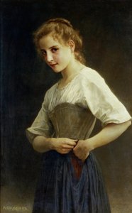 Na začátku dne (venkovský život: mladá venkovská dívka se obléká). Obraz Williama-Adolpha Bouguereaua (William Adolphe Bouguereau od William-Adolphe Bouguereau