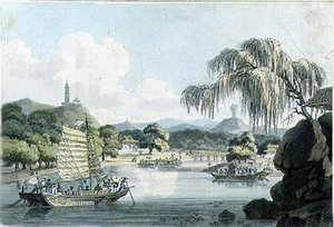 Pohled na východní stranu císařského parku v Geholu, deska 4 z knihy Johna Barrowa "Travels in China", vyryl Thomas Medland (1755-1823) 1804 (akvatinta)