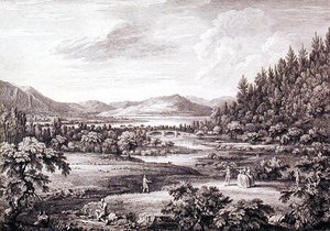 Pohled z Ullswater směrem k Pooley Bridge, vyrytý Chatelinem a Cannotem (rytina) od William (after) Bellers