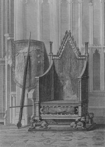 Korunovační křeslo anglických panovníků, se štítem a mečem státu Edwarda Třetího, Westminsterské opatství (rytina) od William (after) Capon