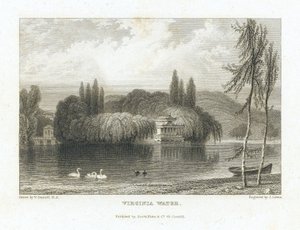 Virginia Water, jezero Surrey (Anglie), poblíž Windsoru, pohled na čínský pavilon obklopený stromy na ostrově uprostřed jezera. Rytina J. Lewise podle Williama Daniella (1769-1837).