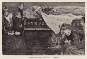 Tělo Alžběty I. bylo uloženo do hrobu, hospoda. 1898 (litografie)