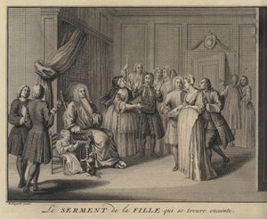Žena přísahající dítě hrobovému občanovi (rytina) od William (after) Hogarth