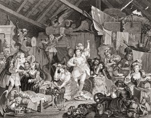 Strolling Players reheating in a Barn, vyrytý G Presbury, z The Works of Hogarth publikovaných v Londýně 1833 (č/b rytina)