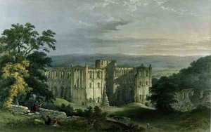 Opatství Rievaulx v Žitném údolí, z „Klášterních zřícenin Yorkshire“, vyryl George Hawkins od William (after) Richardson