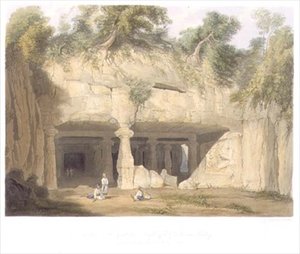 Exteriér Velkého jeskynního chrámu Elephanta, poblíž Bombaje, v roce 1803, ze svazku II „Scenérie, kostýmy a architektura Indie“, vyryl S.G. Hughes, hospoda. od Smith, Elder and Company od William (after) Westall